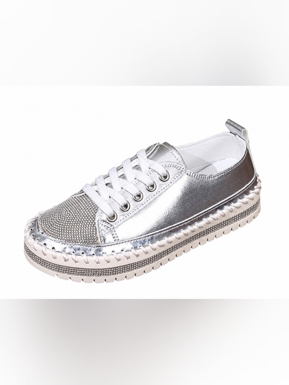 Women's Silver Rhinestone Platform Metallic Sneakers